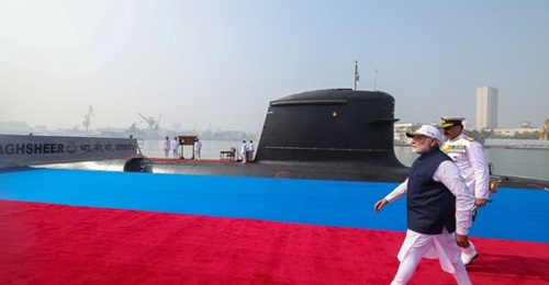 Indian Prime Minister Narendra Modi seen walking past INS 
        
         at the commissioning ceremony on 15 January 2025.