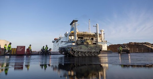 Swedish CV90 disembarking in Riga harbour on 18 January 2025 as part of first Swedish contingent of Canadian-led NATO Multinational Brigade Latvia.