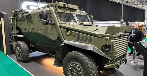 A General Dynamics Land Systems Mk 1 command-and-control variant of its Foxhound armoured tactical vehicle, converted for the British Army and seen at the International Armoured Vehicles 2025 conference.