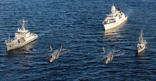 Netherlands F-35s and NATO ships from SNMG1 and SNMCMG1 are pictured on patrol during 'Baltic Sentry'. The varied capabilities brought together for this maritime surveillance activity are designed to deliver collective deterrence.