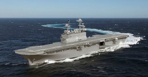 LHA 8, shown here in a rendering, will be the first US amphibious assault ship with F-35B capability at delivery.