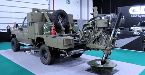 The Sling mortar system mounted on a Toyota Land Cruiser 79 chassis, displayed at the IAV 2025 conference in Farnborough, UK.