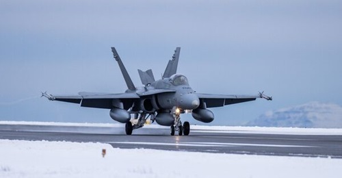 One of four Finnish F/A-18 Hornet fighters arrives in Iceland earlier in February, ahead of a three-week stint conducting air defence of the island on behalf of NATO.