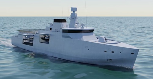 An artist's impression of the originally planned MRPV 90-class patrol ship for the Royal Danish Navy. The project is now being reoriented to the acquisition of new Arctic patrol ships.