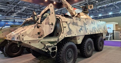 The Bundeswehr is procuring the CAVS NEMO variant (pictured at DSEI 2023), which combines the Patria 6×6 vehicle currently under delivery and Patria's NEMO 120 mm turreted mortar system.