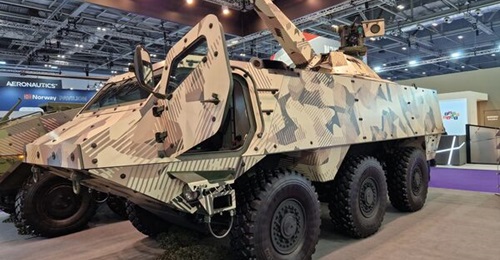 The Bundeswehr is procuring the CAVS NEMO variant (pictured at DSEI 2023), which combines the Patria 6×6 vehicle currently under delivery and Patria's NEMO 120 mm turreted mortar system.