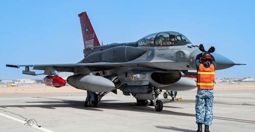An RSAF Lockheed Martin F-16D Block 52 aircraft operates at Nellis Air Force Base in Nevada in September 2024 during 'Green Flag 24-11', an air-land integration combat training exercise.