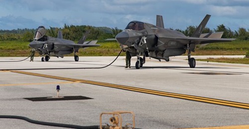 US Marine Corps F-35Bs being fuelled at Tinian, Northern Mariana Islands, on 30 January 2025.