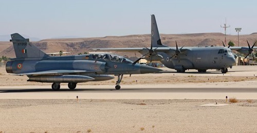 An Indian Air Force Mirage 2000TH fighter taxis after landing during the 'Blue Flag' multinational air-defence exercise at the Ovda air force base in Israel in October 2021.