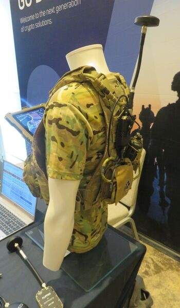 The Viasat manpack L-TAC beyond line-of-sight system seen on display in London on 28 January 2025. A separate Commcrete HTS-100 Flipper can be seen on the desk beside it.