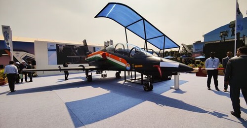 HAL displayed a model of its upgraded jet trainer aircraft, the HJT-36, at Aero India 2025.