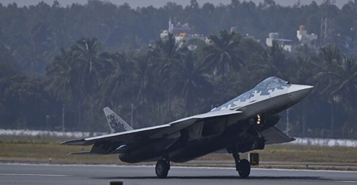 The Su-57 fighter aircraft pictured at Aero India 2025.