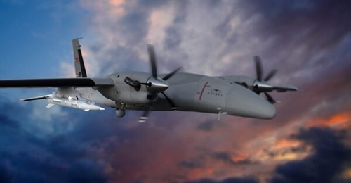 A visualisation of the Akinci UAV, seen here with the Roketsan UAV-230 air-to-surface ballistic supersonic missile.