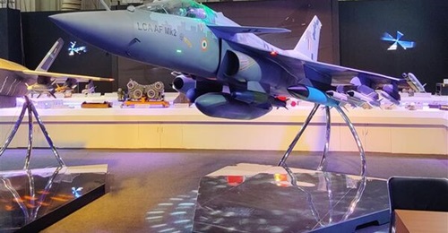 A 1:15 scale model of the Tejas Mk 2 at Aero India 2025. The Aeronautical Development Agency said it aims to conduct the first flight of the Tejas Mk 2 in the first quarter of 2026.