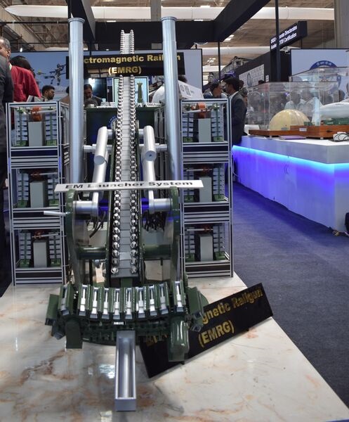 DRDO displayed a model of its electromagnetic railgun at Aero India 2025.