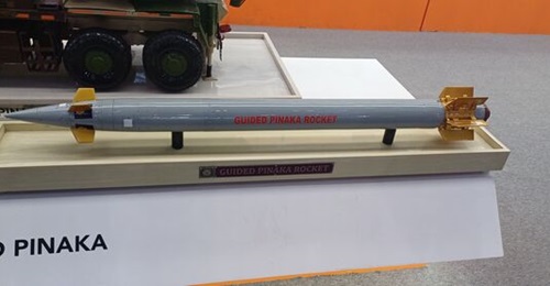 The DRDO is developing a new variant of the Pinaka rocket. The 214 mm variant of the Pinaka rocket is seen above displayed at Aero India 2025.