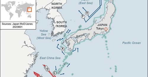 Paths taken by Chinese and Russian aircraft and ships around Japan in February 2025.