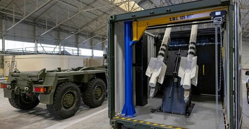 A view inside the container of the Gravehawk air-defence system shows two R-73/AA-11 missiles, seen at Royal Air Force Northolt in West London on 11 February 2025.