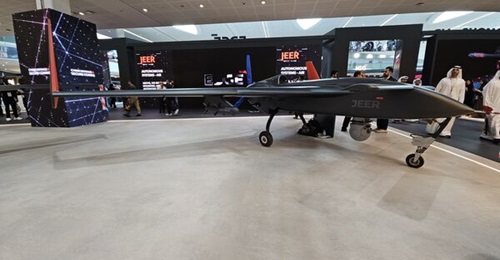Jeer UAV displayed at the Edge Group stall during IDEX 2025.