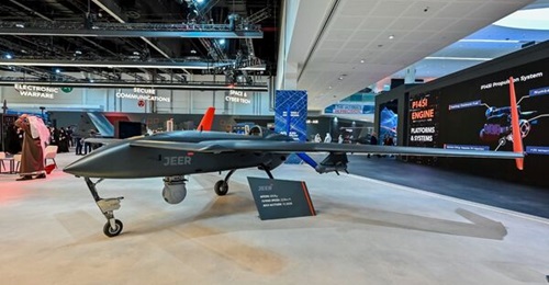 The Jeer UAV displayed at the Edge stand at IDEX 2025.