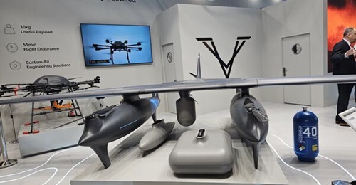 The hydrogen-powered Raider UAV displayed at the stall of Heven at IDEX 2025.