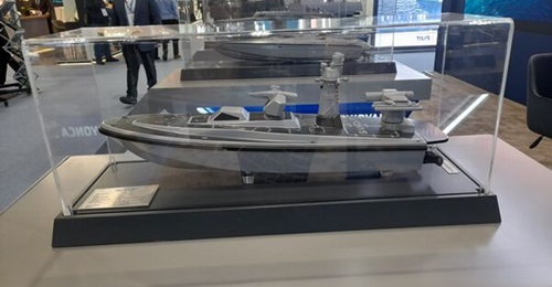 A scale model of the Sancar USV on display at NAVDEX 2025.