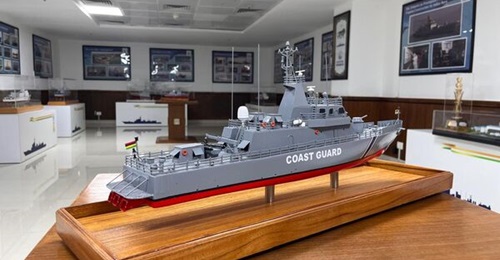 A scale model of Goa Shipyard's 51 m Adamya FPV.