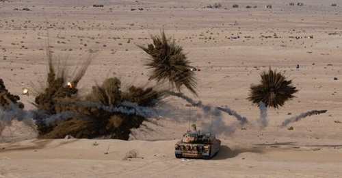 French Leclerc tanks from the UAE-based 5th Cuirassiers Regiment launch Galix screening munitions during an exercise in March 2021.