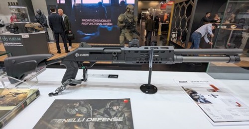 Beretta's Benelli A.I. Drone Guardian 12 bore self-loading anti-UAV shotgun, seen at the EnforceTac 2025 exhibition in Nuremberg, Germany, in February.
