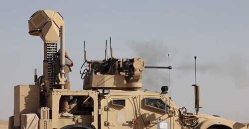 The US Army's 30 mm counter-UAS turret in the mobile-low, slow, small-unmanned aircraft integrated defeat system (M-LIDS) fires at a target in Udairi Range, Kuwait. Counter-UAS and unmanned technologies are modernisation priorities for the army.