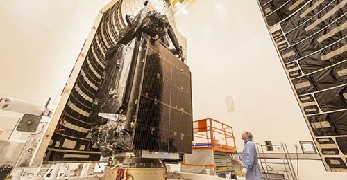 The SBIRS GEO-2 satellite during encapsulation in the Atlas V fairing at Cape Canaveral AFS.