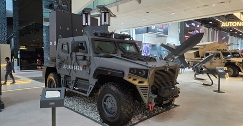The Shadow 3 counter-unmanned aerial vehicle system displayed on an Ajban 442A fitted with mock-up radar antennas at the International Defence Exhibition & Conference (IDEX) 2025 in February.