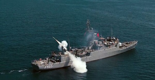 Roketsan's Levent close-in air-defence system seen during a missile firing test from the Turkish Navy corvette TCG 
        
        , announced on 24 March.