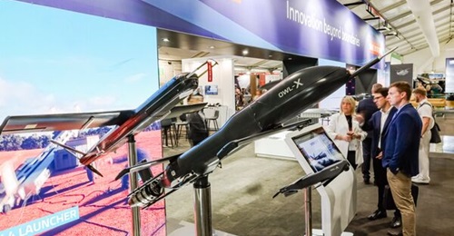 Innovaero unveiled the test demonstrator of its new OWL X precision munition (in the foreground) during Avalon 2025. In the background, the mid-weight OWL A is on the right-hand side, with the OWL B on the left.