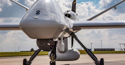 Seen with its defining Seaspray 7500 AESA radar mounted in an underfuselage fairing, the SeaGuardian is the maritime version of the MQ-9B unmanned aircraft now approved for Qatar.