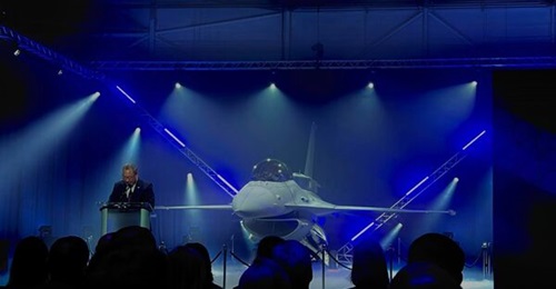 Taiwan's representative to the US Alexander Yui speaks during the launch ceremony of the first of 66 Lockheed Martin F-16V Block 70 fighter aircraft on order by Taiwan, at Greenville, South Carolina, on 28 March 2025.