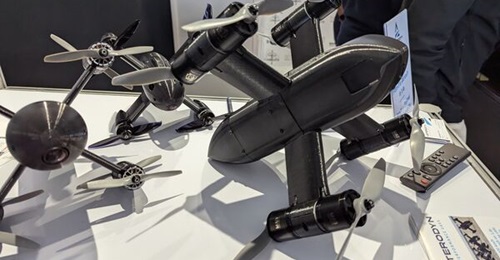 Asterodyn UAVs on display at SOFINS 2025. Note the pusher/puller propeller configurations.