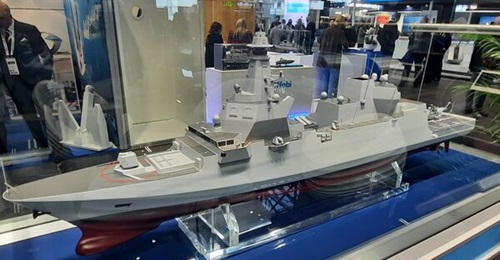 A scale model of the FREMM Evo frigate on display at Fincantieri's stand at Euronaval 2024.