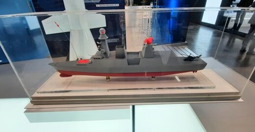 A model of a Horizon-class frigate, with planned upgrades highlighted, at the Euronaval 2024 exhibition.