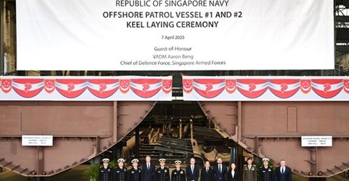 The keel-laying ceremony for the first two of four Potsdam class-derived OPVs on order for the Republic of Singapore Navy.