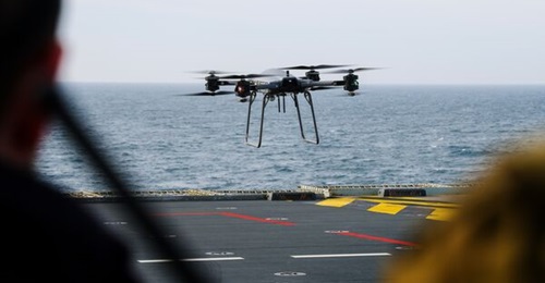 700X Naval Air Squadron on board the UK Royal Navy's aircraft carrier HMS 
        
         flying the Malloy T-150 UAV.