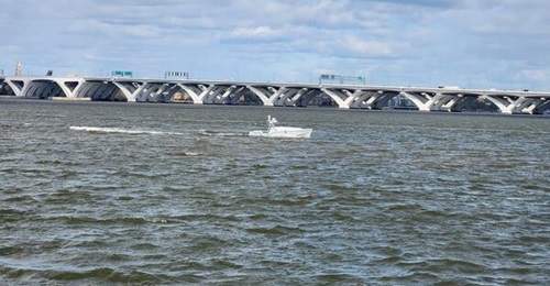 Saronic's 24 ft Corsair USV performs manoeuvres during a demonstration at Navy League's Sea-Air-Space exposition in National Harbor, Maryland, on 8 April 2025.