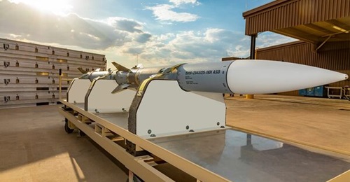 An AIM-120D-3 Advanced Medium-Range Air-to-Air Missile at Raytheon's Tucson, Arizona, plant. The AIM-120C-8 is the export version of the AIM-120D.
