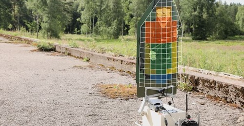 A Saab stationary infantry target showing the virtual “pixel” overlay generated by the Advanced Vulnerability Target Interface. The associated vulnerability model is indicated by the different colours on the target.