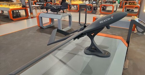 Edge Group displayed its Reach-S medium-altitude long-endurance unmanned aerial vehicle at the LAAD Defence & Security exhibition in April 2025.