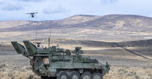 The US Army's M1135 Stryker's Nuclear, Biological, and Chemical Reconnaissance Vehicle (NBCRV) Sensor Suite Upgrade is made up of a FLIR Defense R80D SkyRaider drone integrated with FLIR's MUVE B330 biological detection payload.
