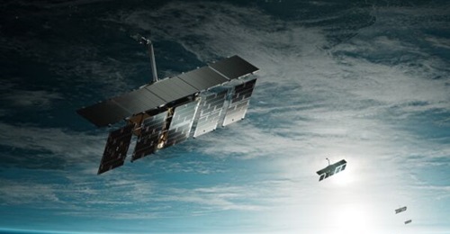 A graphic rendering of part of ICEYE's constellation of SAR imaging satellites.