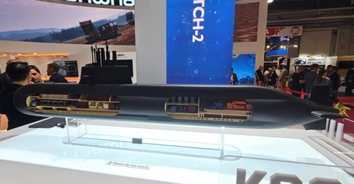 A scale model of the KSS-III Batch 2 submarine presented by Hanwha Ocean during the MSPO 2024 defence exhibition in Kielce, Poland.