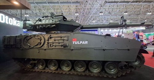 The Otokar Tulpar equipped with a Leonardo Hitfact Mk II turret armed with a 120 mm cannon at LAAD 2025.