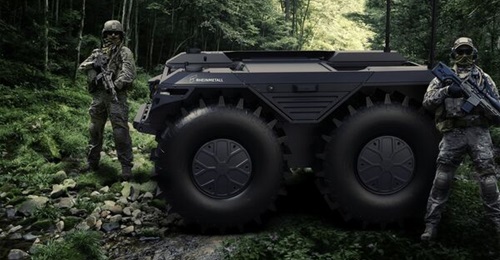 A Rheinmetall Mission Master UGV in cargo configuration. The Mission Master can be fitted for tactical overwatch; fire support; medical evacuation; Chemical, Biological, Radiological, and Nuclear (CBRN) detection; or communication relay tasks.